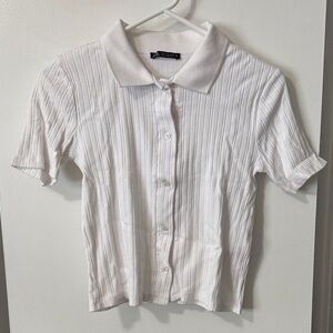 Zara White Ribbed Button-Down Shirt